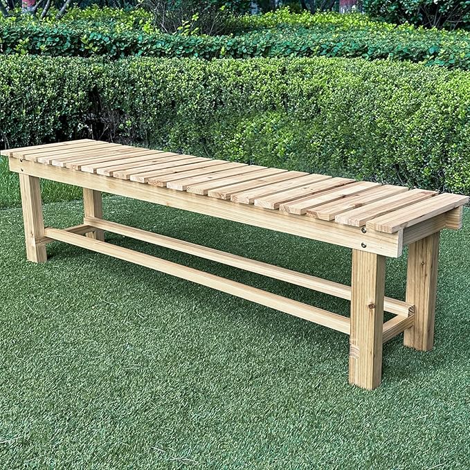 Outdoor Garden Bench, 2-Person Wood Patio Bench Weatherproof Outdoor Backless Bench
