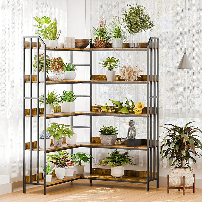 Bookshelf 5 Tiers, Corner Bookcase with Baffles, 70''x47''x44'' Large Industrial Wooden