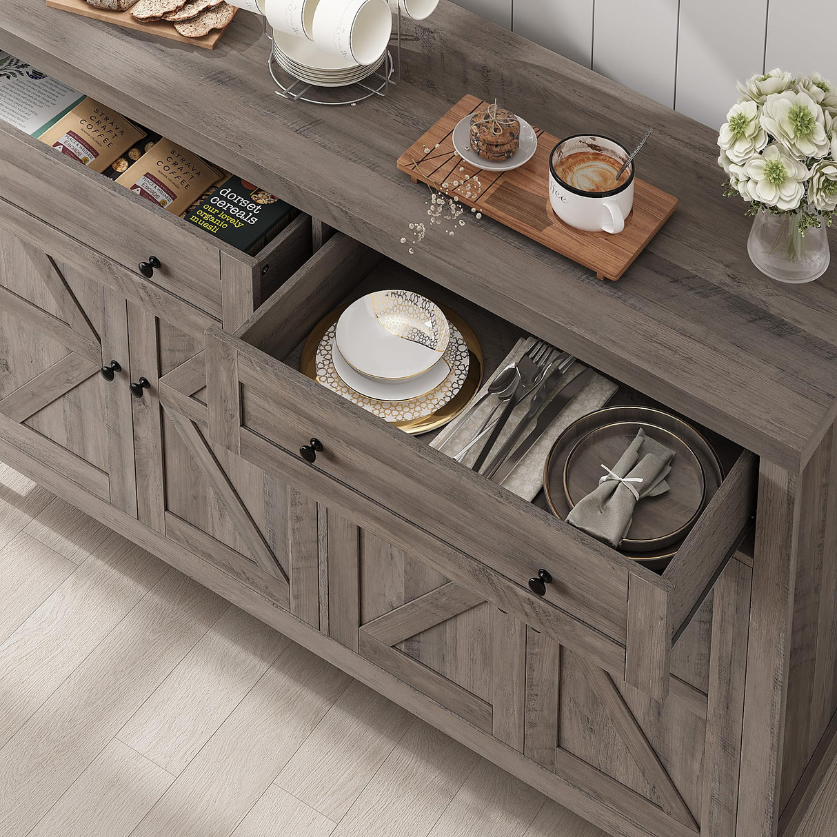 55" Buffet Sideboard Cabinet with Storage, Modern Farmhouse Coffee Bar Cabinet with Drawers and Shelves,