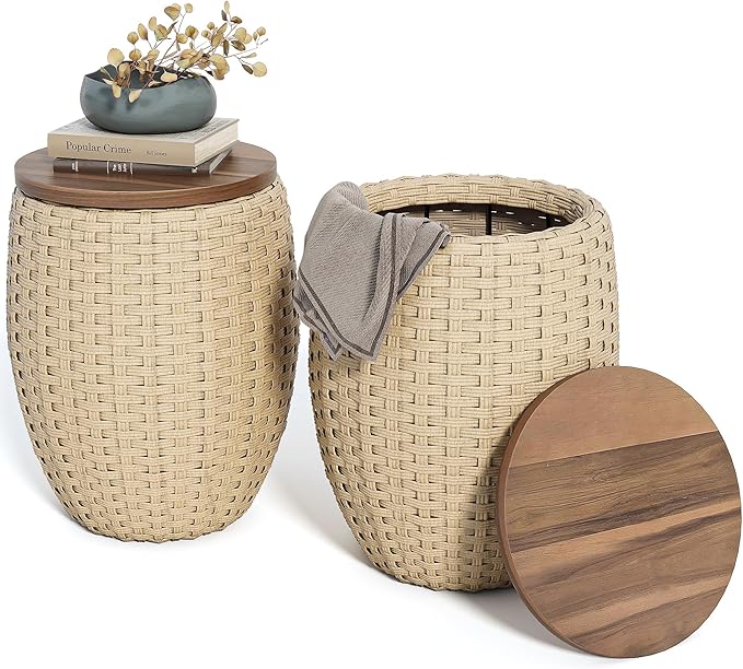 Drum Side Table - Handwoven Rattan End Table with Solid Wood Lid | Indoor/Outdoor