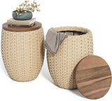 Drum Side Table - Handwoven Rattan End Table with Solid Wood Lid | Indoor/Outdoor