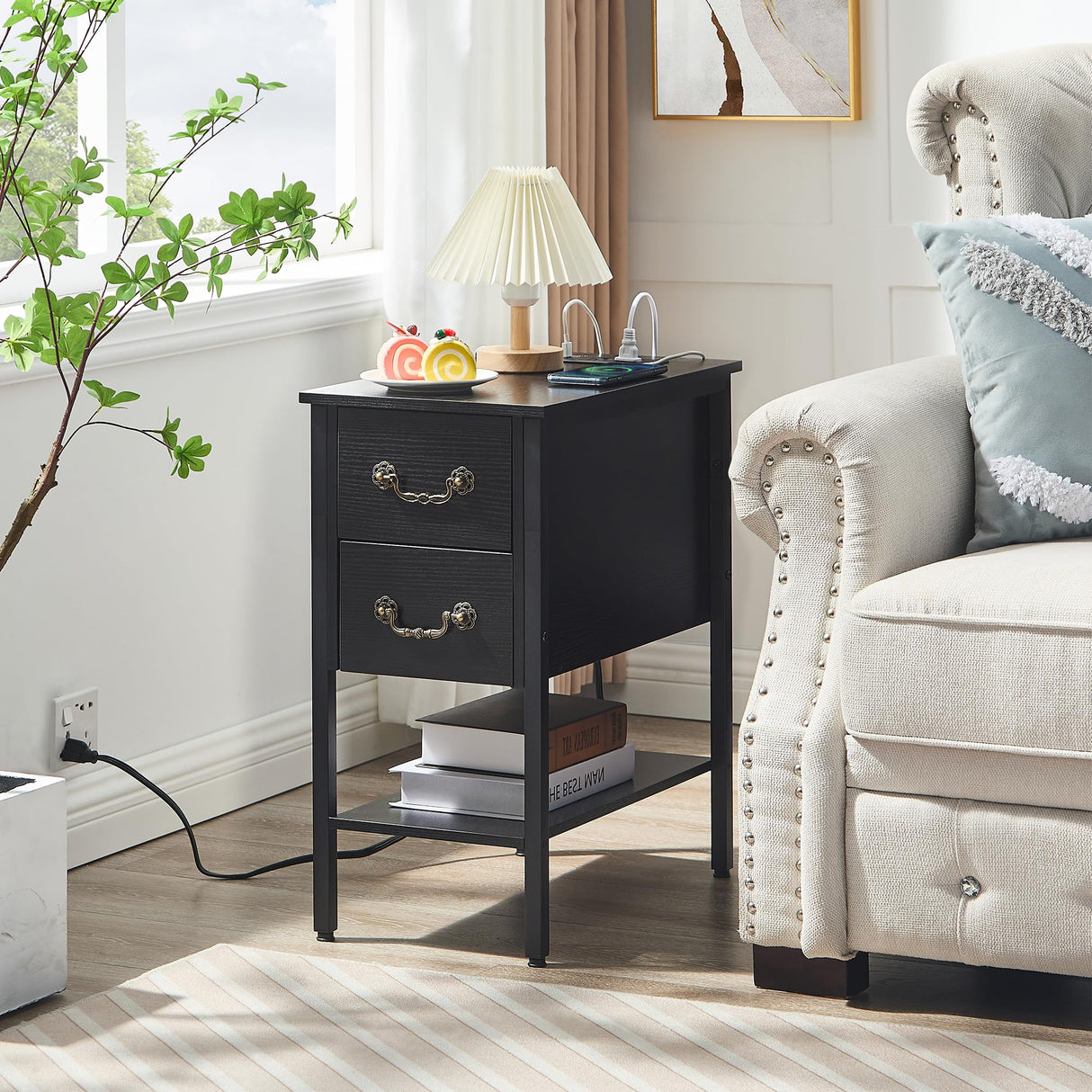 End Tables,Narrow Nightstands with Charging Station & USB Ports &Drawers