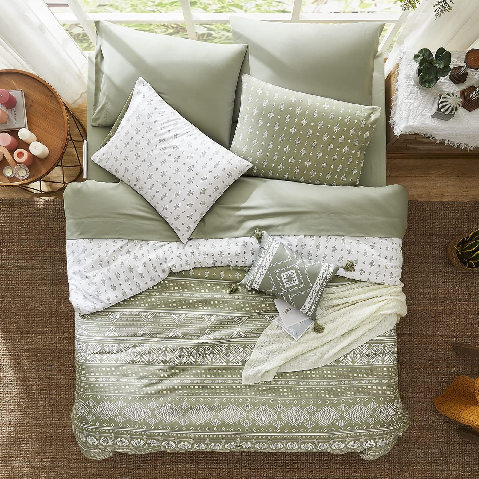 Geniospin Olive Green Queen Comforter Set 8 Piece, Reversible Boho Comforters Queen, All Season Comfortable Bedding Set