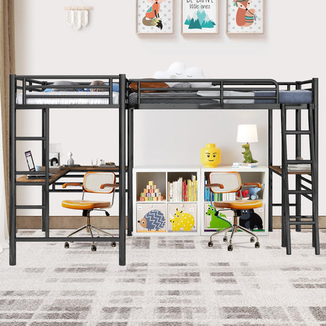 Twin Size L-Shaped Loft Bed with 2 Built-in Desks, Metal Loft Corner Bed