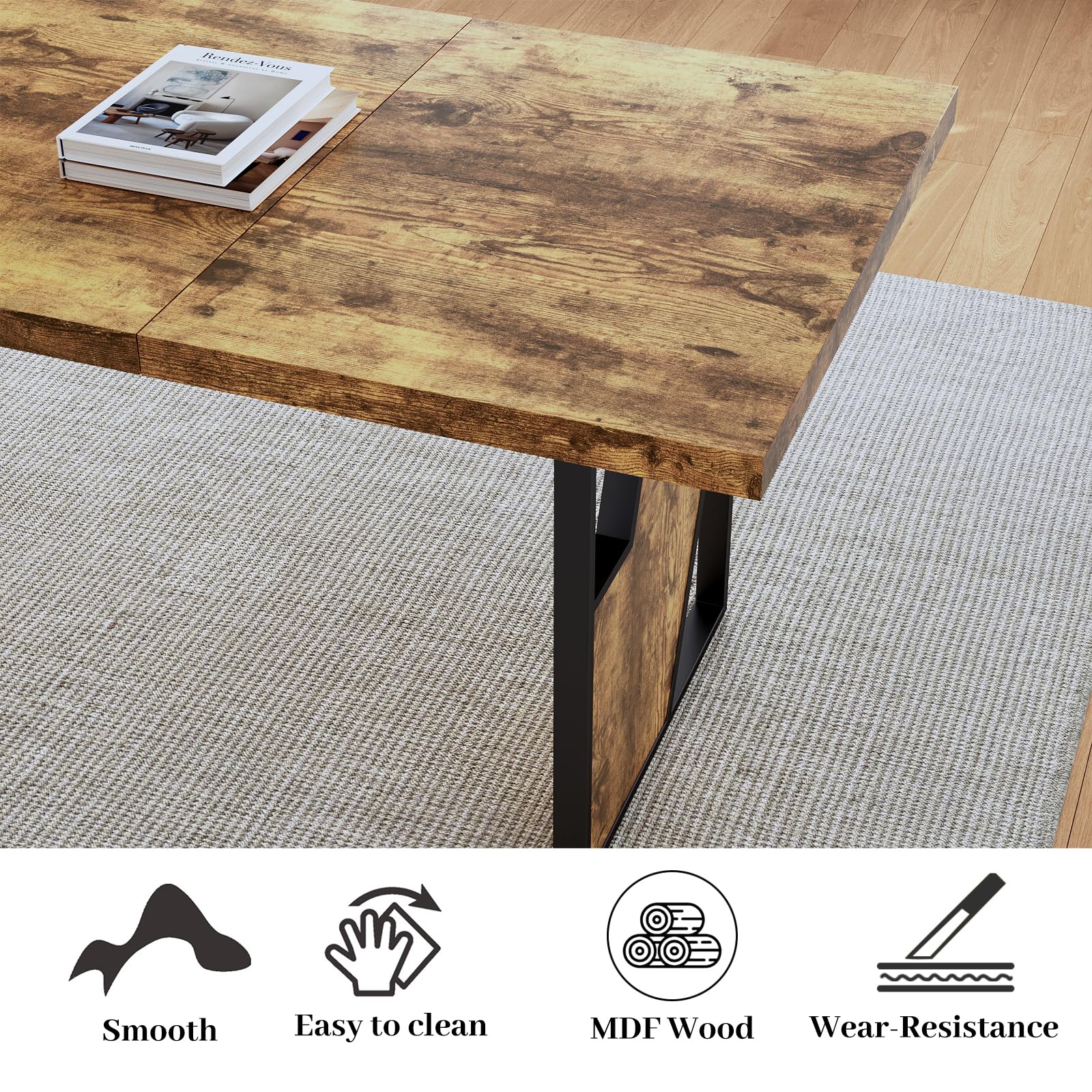 70.8" Wooden Dining Table Set with 2 Benches