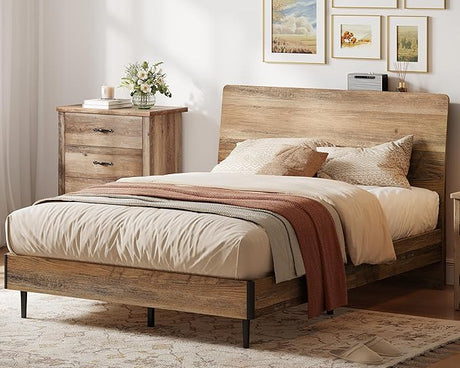 Queen Wood Platform Bed Frame with Ergonomic Headboard, Bed Frame with Storage