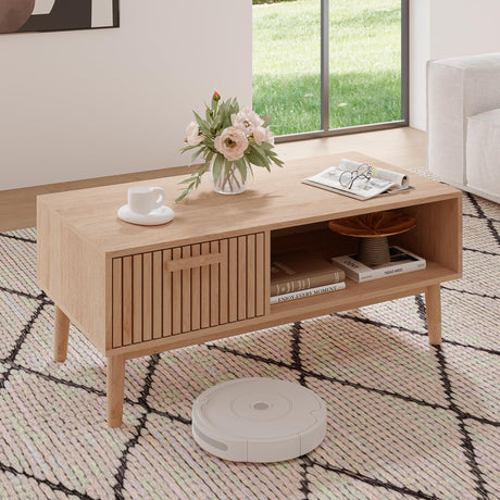 Coffee Table With Storage, Wood Rectangular Coffee Tables with Open Shelf and Drawer,