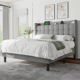 Full Size Bed Frame with Charging Station, Upholstered Platform Bed Frame