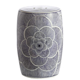 Camellia 17" Ceramic Drum Garden Stool, Stylized Flower on White Background, Coastal, Contemporary,