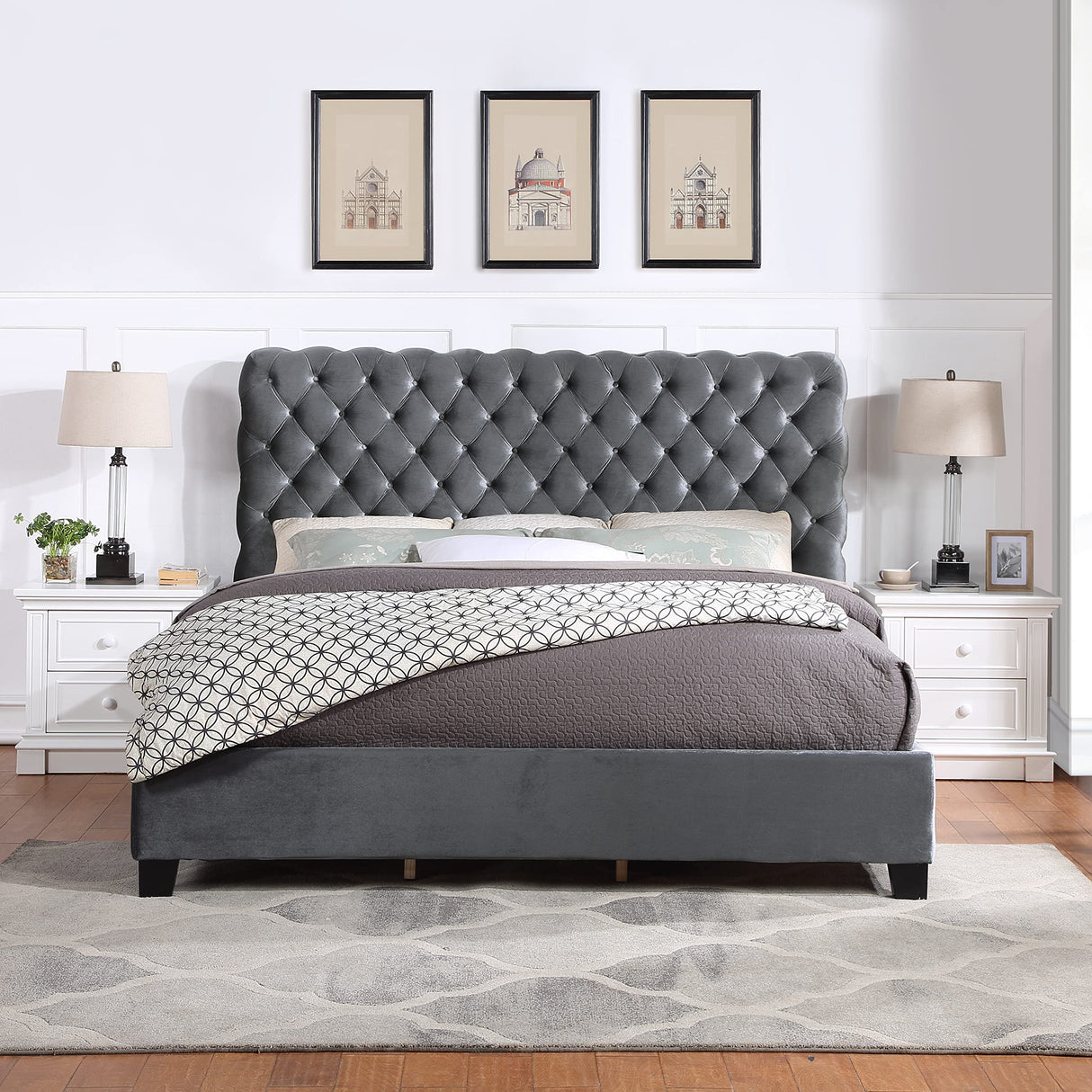 Apoera Velvet Upholstered Button Tufted Bed, King, Gray