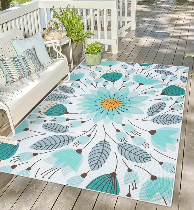 Outdoor Rugs 8x10 ft, Non-Slip Blue Floral RV Camping Rug, Breathable & Quick Drying