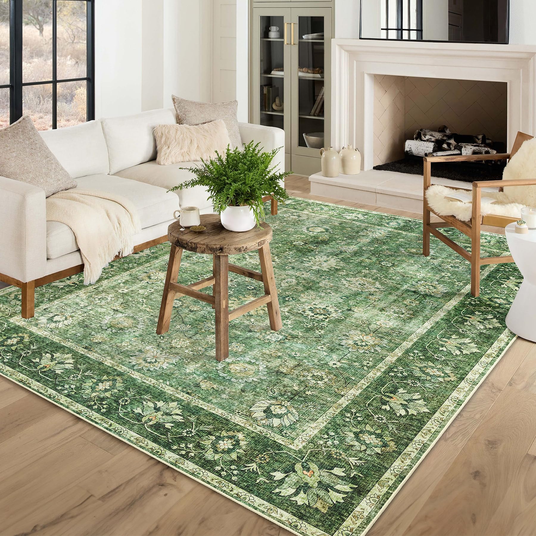 COLORPAPA Green Area Rug 3x5, Washable Rug for Living Room Bedroom Kitchen Entryway, Boho Throw Rug Low-Pile, Floral Distressed Carpet Non-Slip