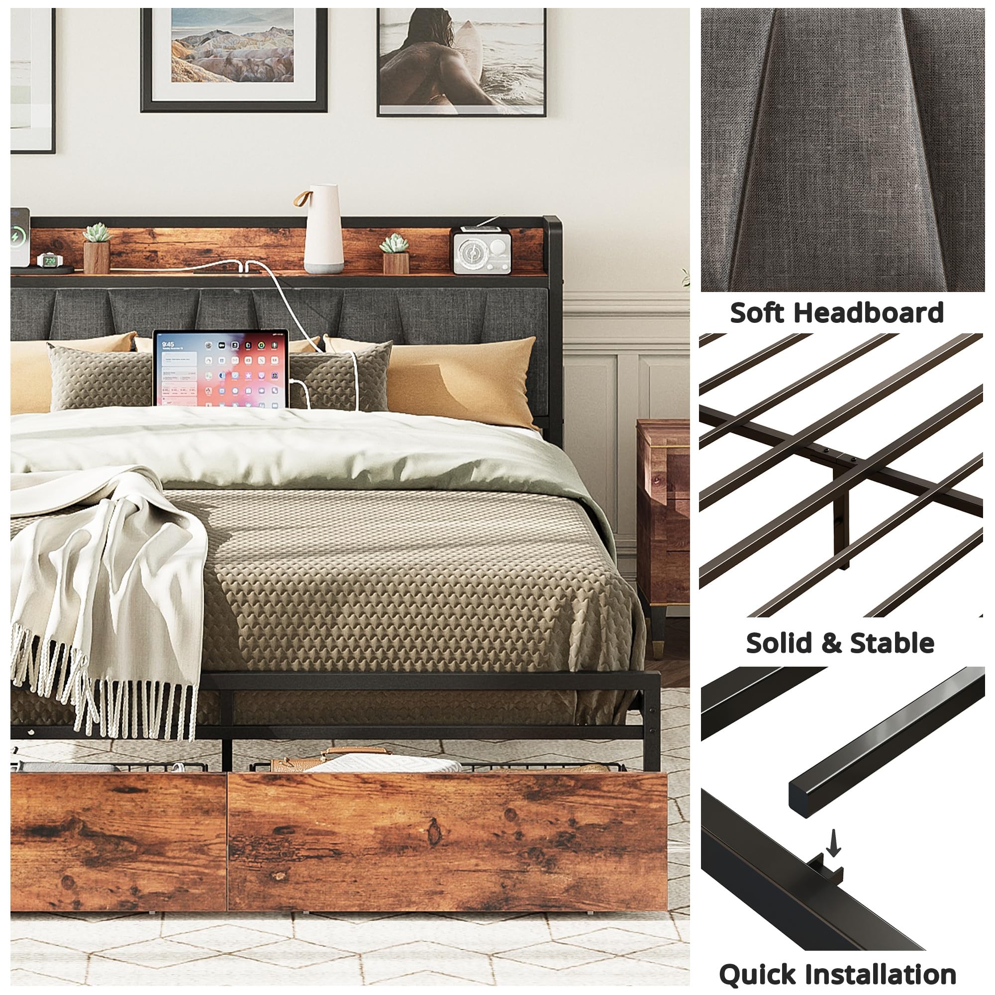 Queen Bed Frame, Storage Headboard with Charging Station, Platform Bed with Drawers,