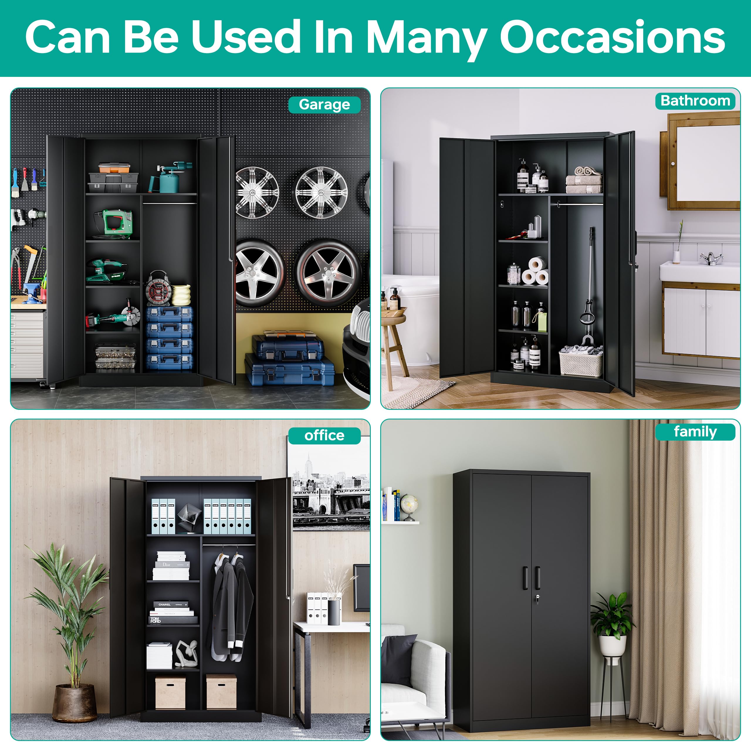 Metal Wardrobe Cabinet with Lock,72" Armoire Closet with Hanging Rod,Lockable Storage Locker,Black Storage Cabinet with Locking Doors,Garage Closet,Steel Wardrobe for Home,Bedroom,Office,Employee,Shop