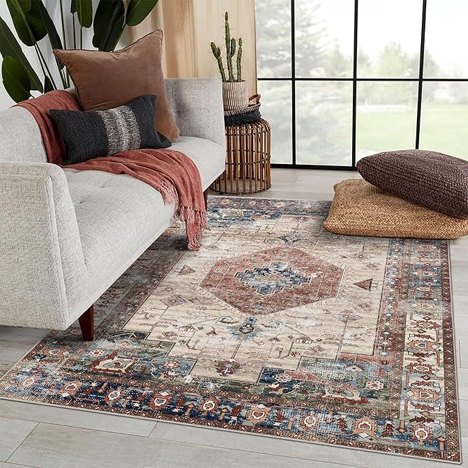 6x9 Area Rugs, Stain Resistant Washable Rug for Living Room, Vintage Inspired Rug