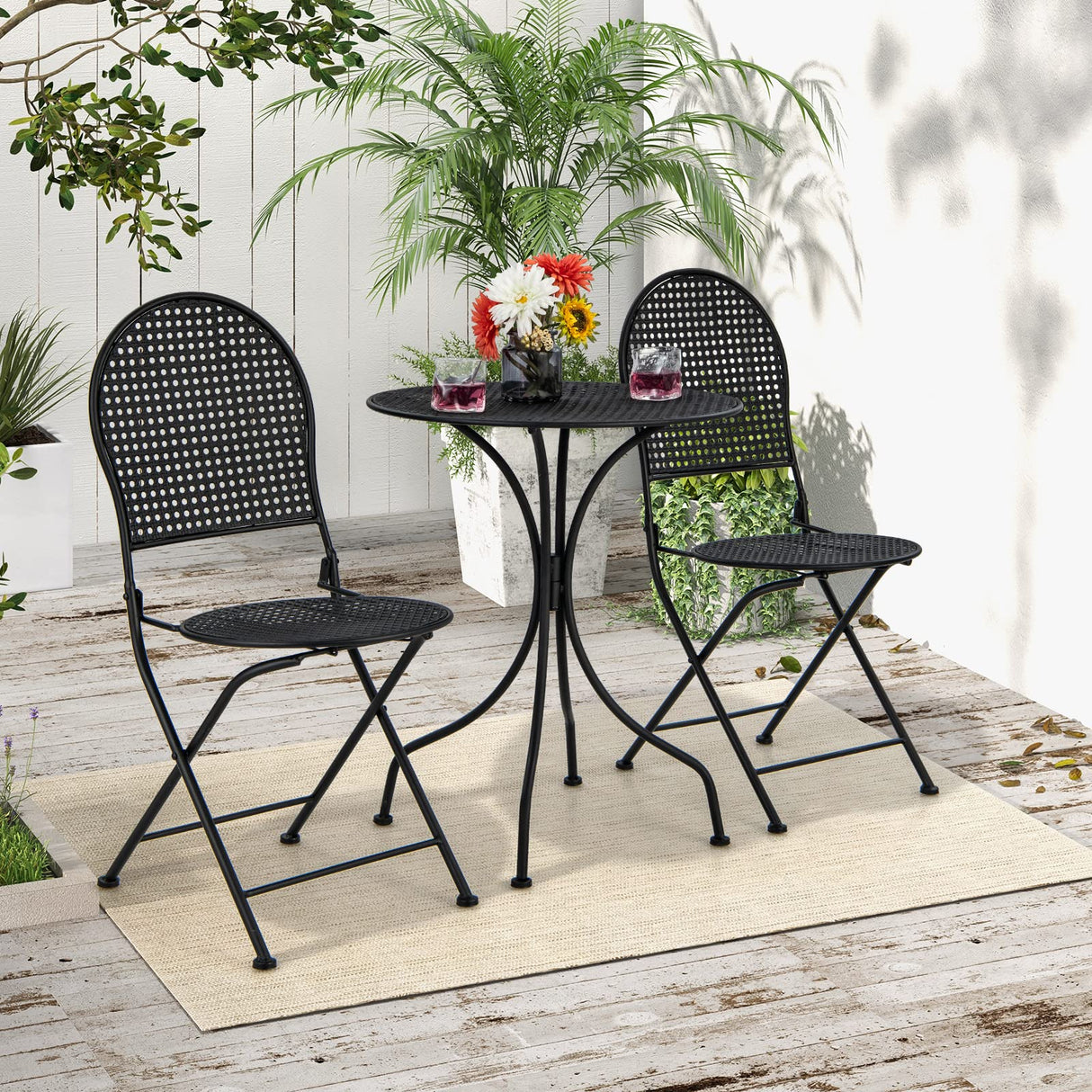 3 Pieces Patio Bistro Set, Metal Table and Folding Chair Set for 2