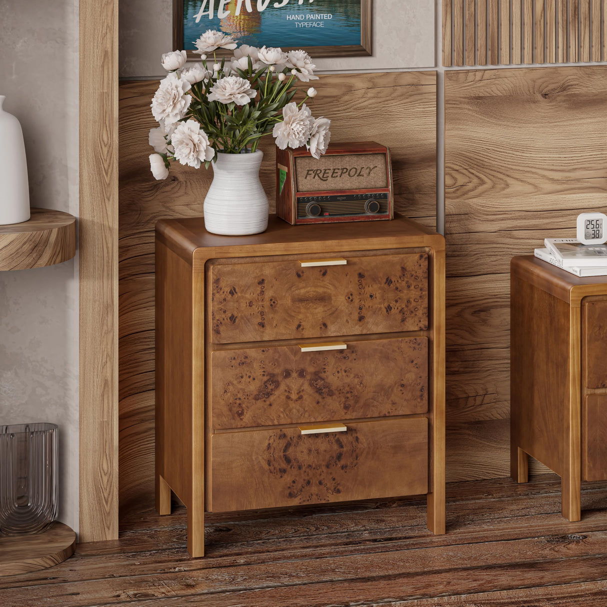 Farmhouse Nightstand with 3 Drawer, Distressed Wood Rustic Accent Dresser