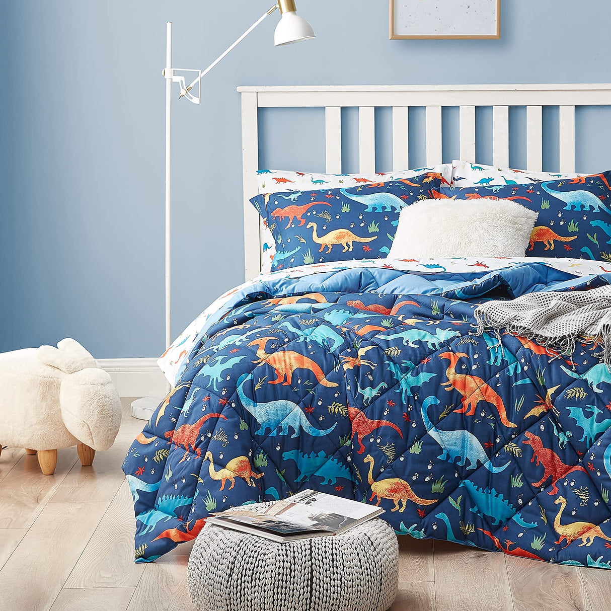 Kids Queen Dinosaur Bedding Set - 7 Piece Comforter Set with Sheets