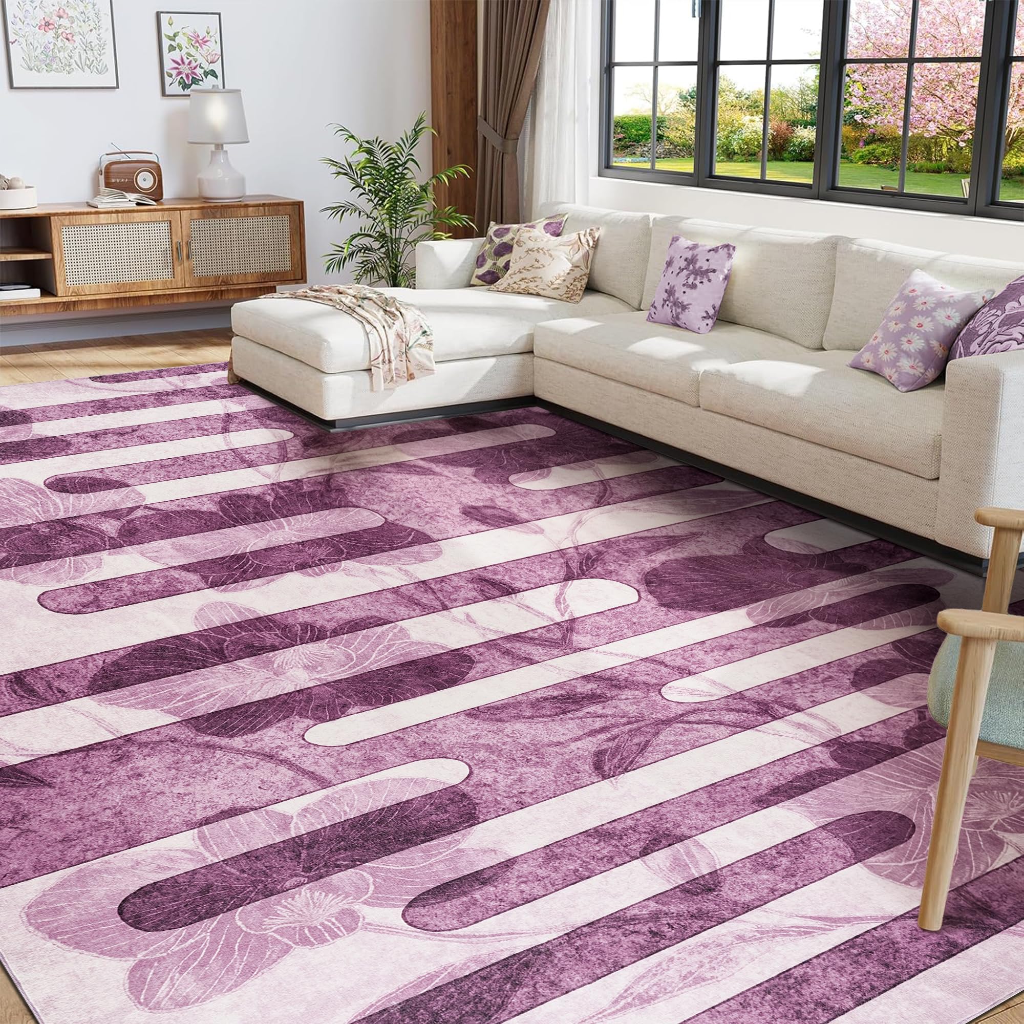 Zhangui 10x14 Purple Floral Rugs for Living Room - 10x14 Area Rug with Non Slip Backing, Dining Room Rugs for Under Table, Machine Washable Striped Rug for Bedroom