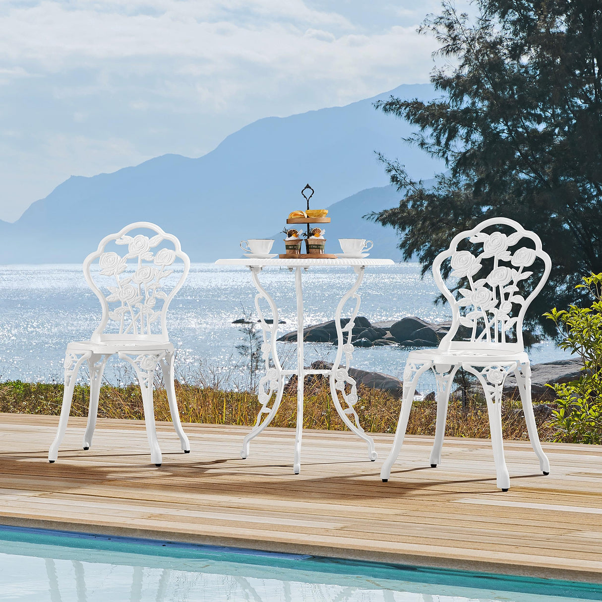 3-Piece Outdoor Bistro Set w/Rose Design, Rust-Resistant Cast Aluminum Table and Chairs