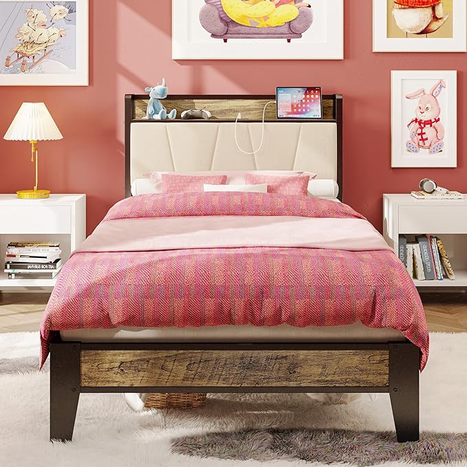 King Size Bed Frame, Storage Headboard with Charging Station, Solid and Stable