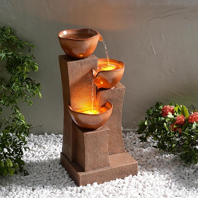 Jar 3 Tiered Floor Waterfall Fountain with Pump for Outdoor Patio Garden Backyard Decking