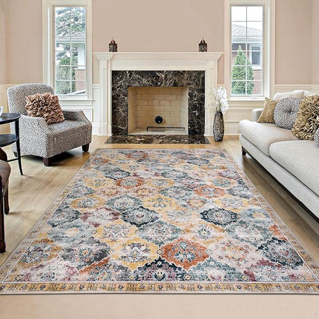 Camilla Boho Area Rug, 5'×7' Washable Oriental Accent Rug, Non-Slip Traditional Floral