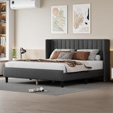 Bed Frame King Platform Bed with Linen Fabric Upholstered Headboard and Wooden