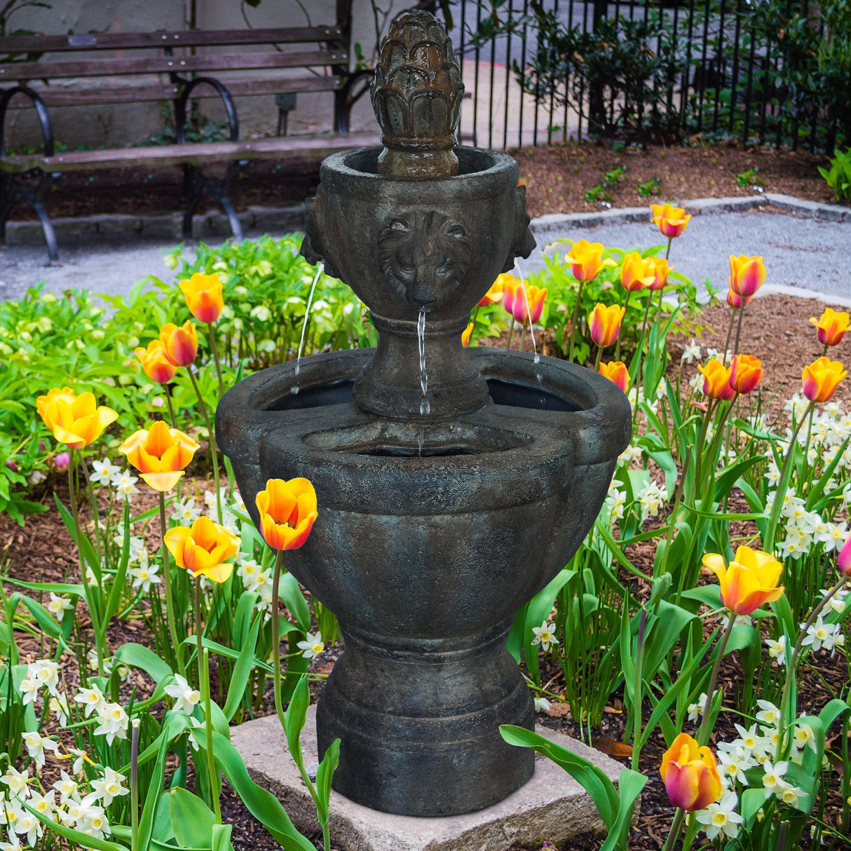 Lion Head Stone Water Fountain, Brown