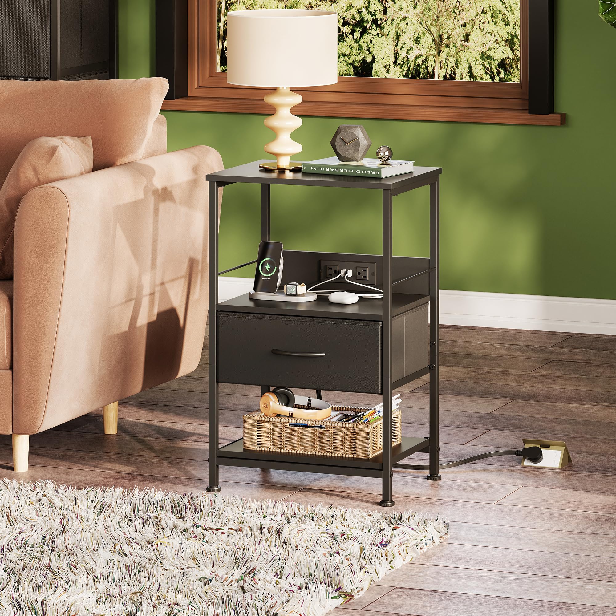 Night Stand with Charging Station, LED Nightstand