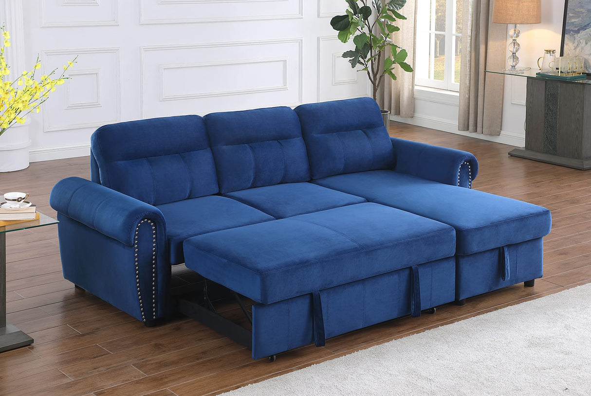 Ashton Blue Velvet Fabric Reversible Sleeper Sectional Sofa Chaise