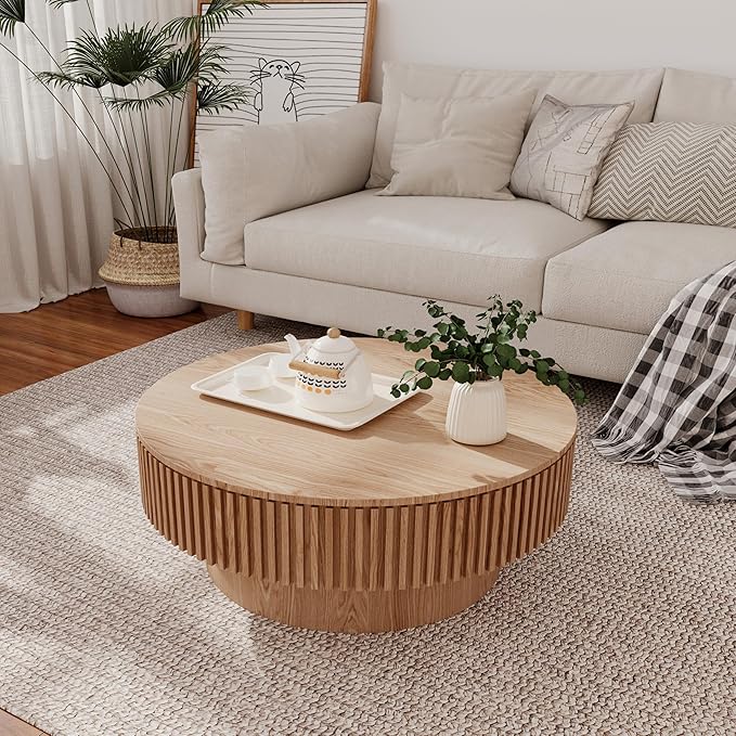 39.37'' Natural Coffee Table Modern Handcraft Drum Round Circle Wooden Solid Wood