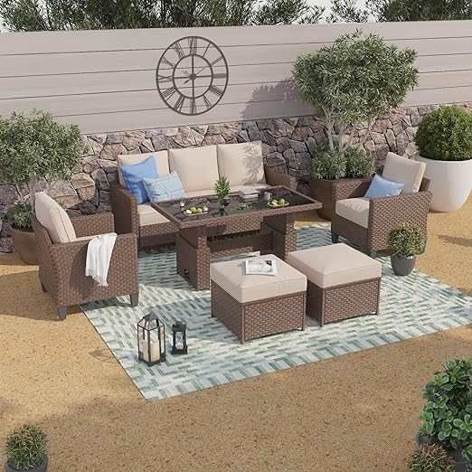 Outdoor Patio Furniture Set 6 Piece Wicker Conversation Set with Lift Coffee Table