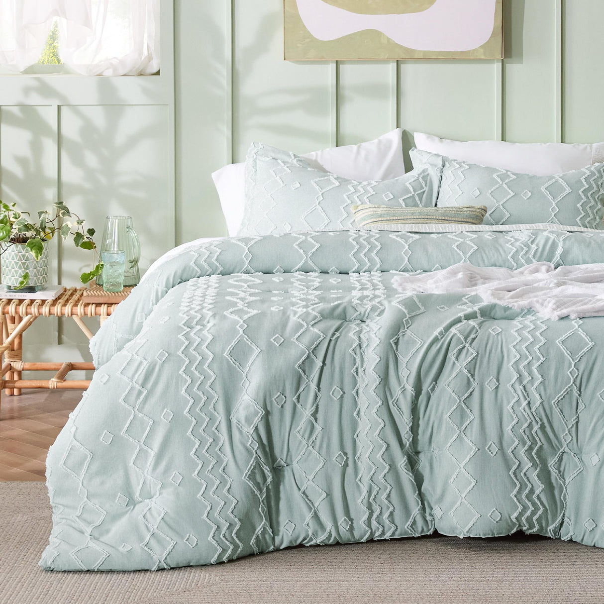 Boho Tufted Comforter Set King - Sage Green Cationic Dyeing Bedding Comforter Set