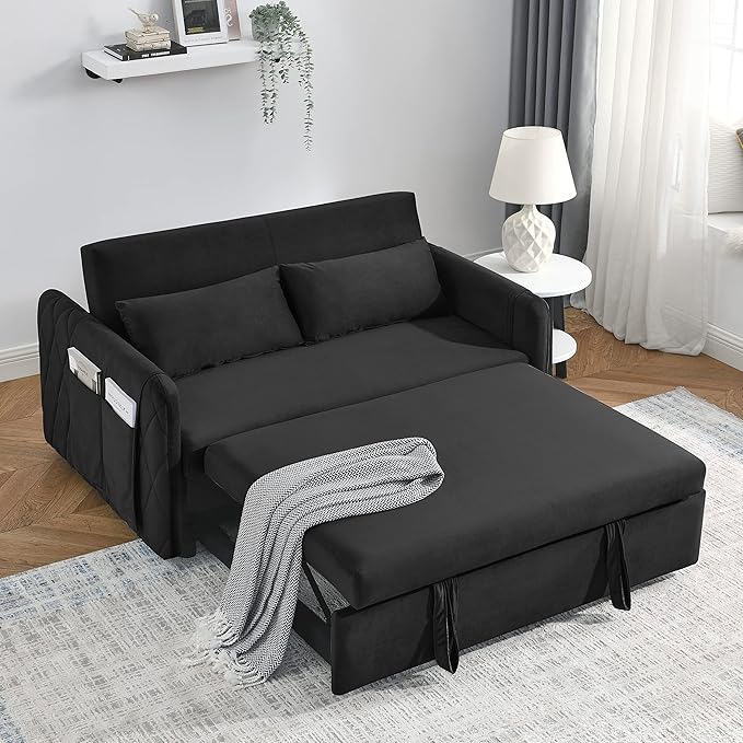 55" Modern Convertible Sofa Bed with 2 Detachable Arm Pockets, Velvet Loveseat Sofa