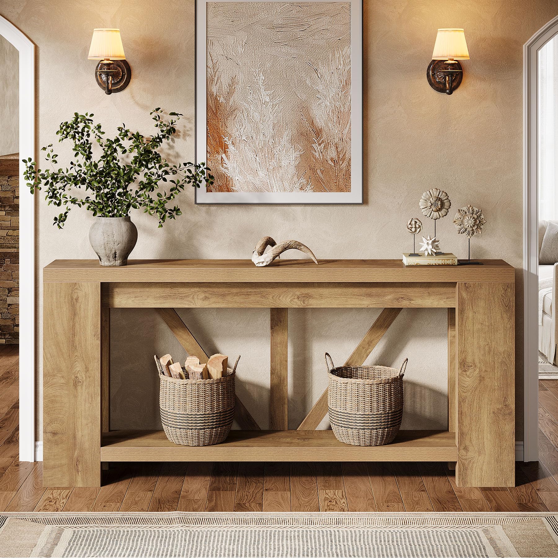 70.9" Extra Long Farmhouse Console Table with Storage - Light Brown