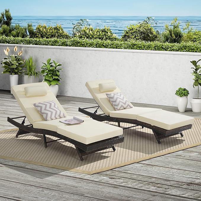 Outdoor Wicker Long Reclining Chair Set of 2 with Cushion