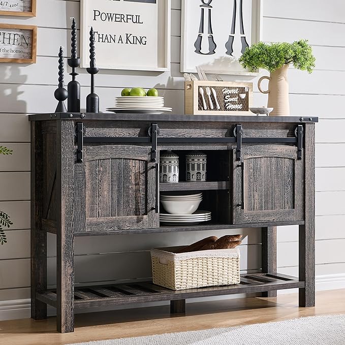 Farmhouse Entryway Table with Sliding Arch Doors, 46" Rustic Console Table