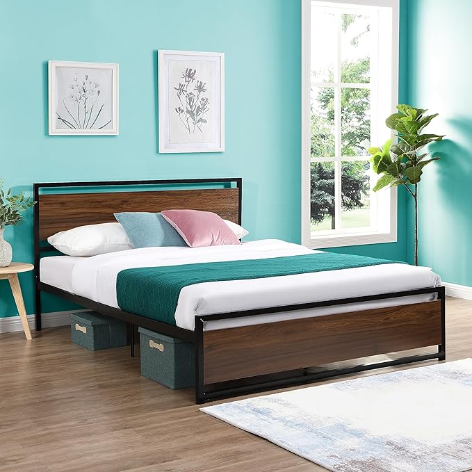Bed Frame, Mattress Foundation Metal Platform with Wood Headboard