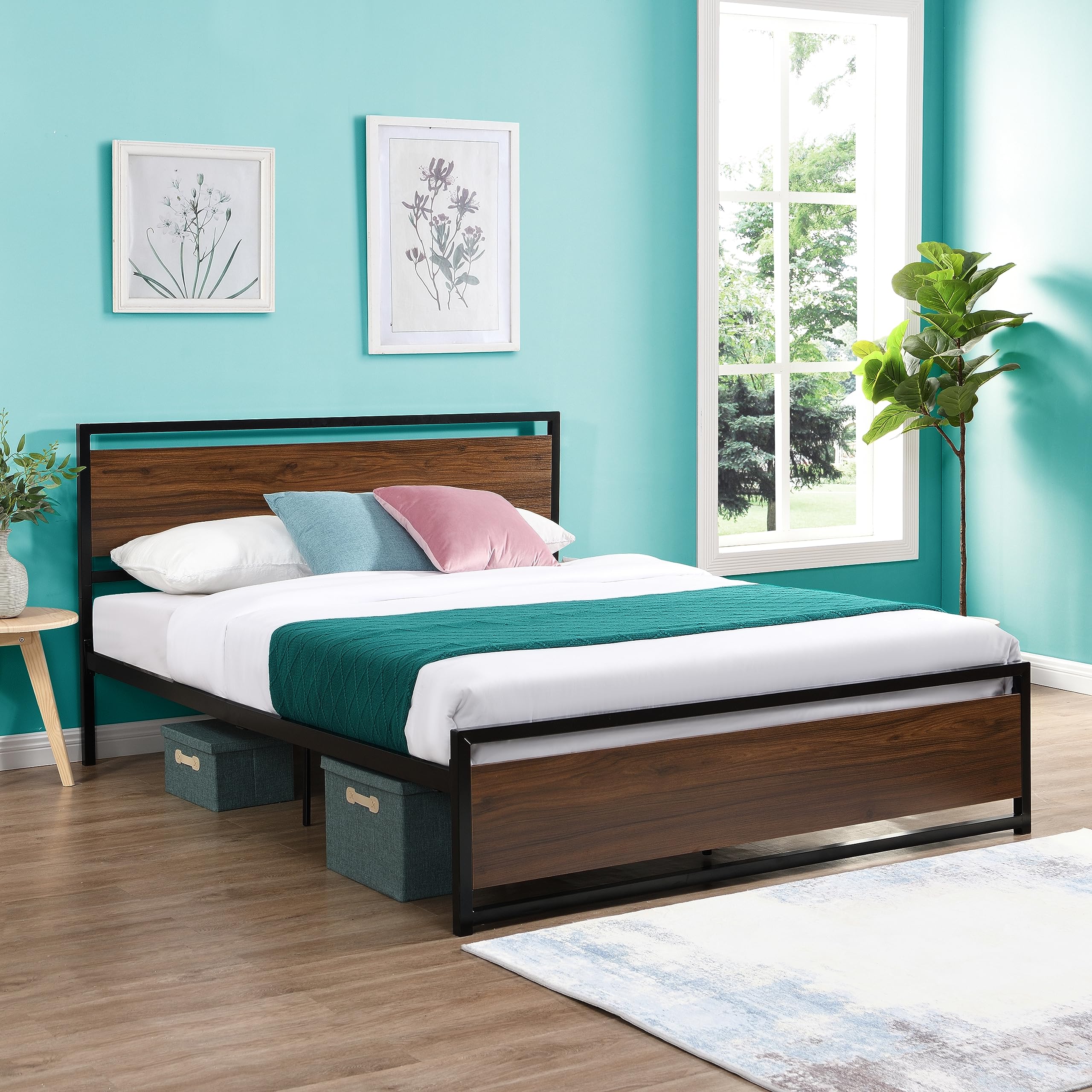 Bed Frame, Mattress Foundation Metal Platform with Wood Headboard