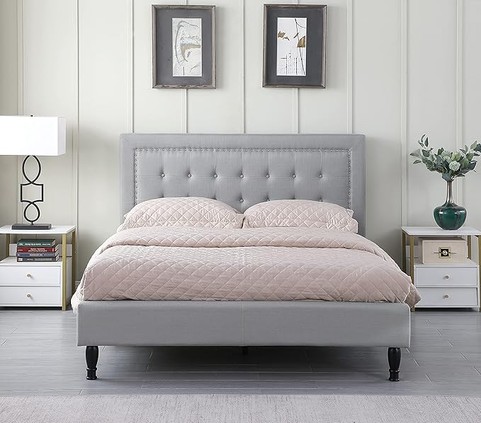 Athena Upholstered Platform Bed – Button Tufted Linen Headboard & Sturdy Frame