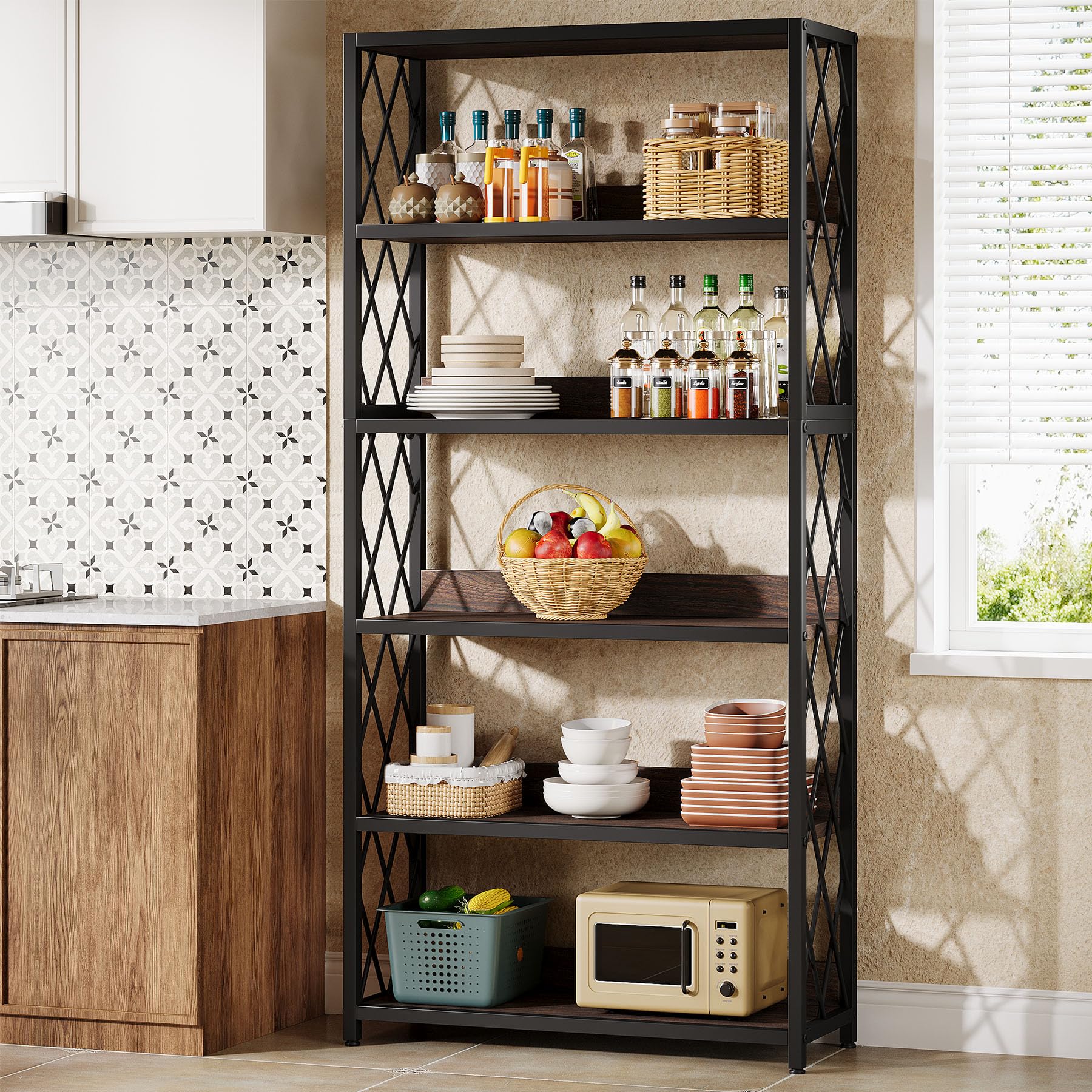 Tribesigns 67 Inch Book Shelf, 5 Tier Industrial Etagere Bookcase with Open Shelves, Tall Bookshelf for Living Room, Bedroom, Home Office (Brown + Black)