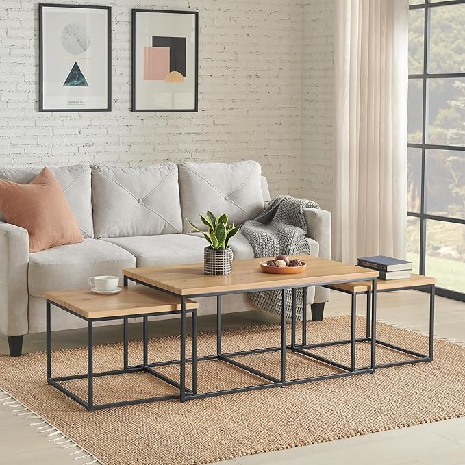 Furniture Nesting Tables - Set of 2 Side Tables with MDF Wood Tops and Metal Bases