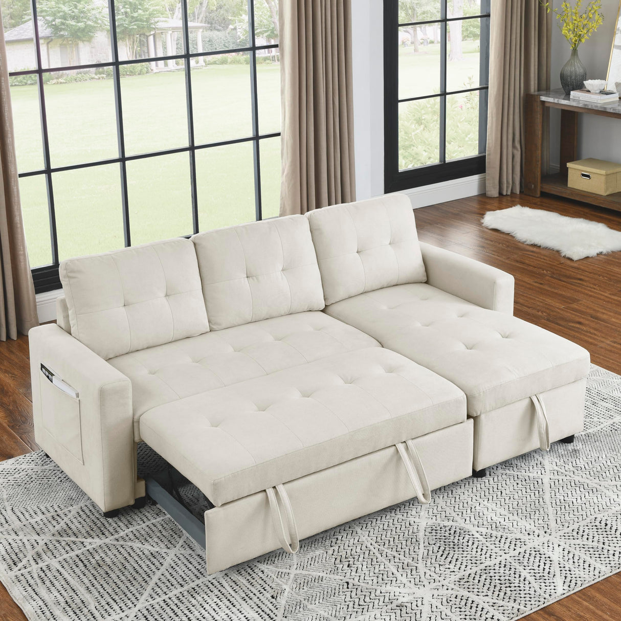 Reversible Sectional Sofa with Pull-Out Sleeper Bed, L-Shape 3-Seater Convertible Corner Sofa&Couches with Storage Chaise and Side Pockets ,Button Tufted Upholstery Couch for Living Room Furniture