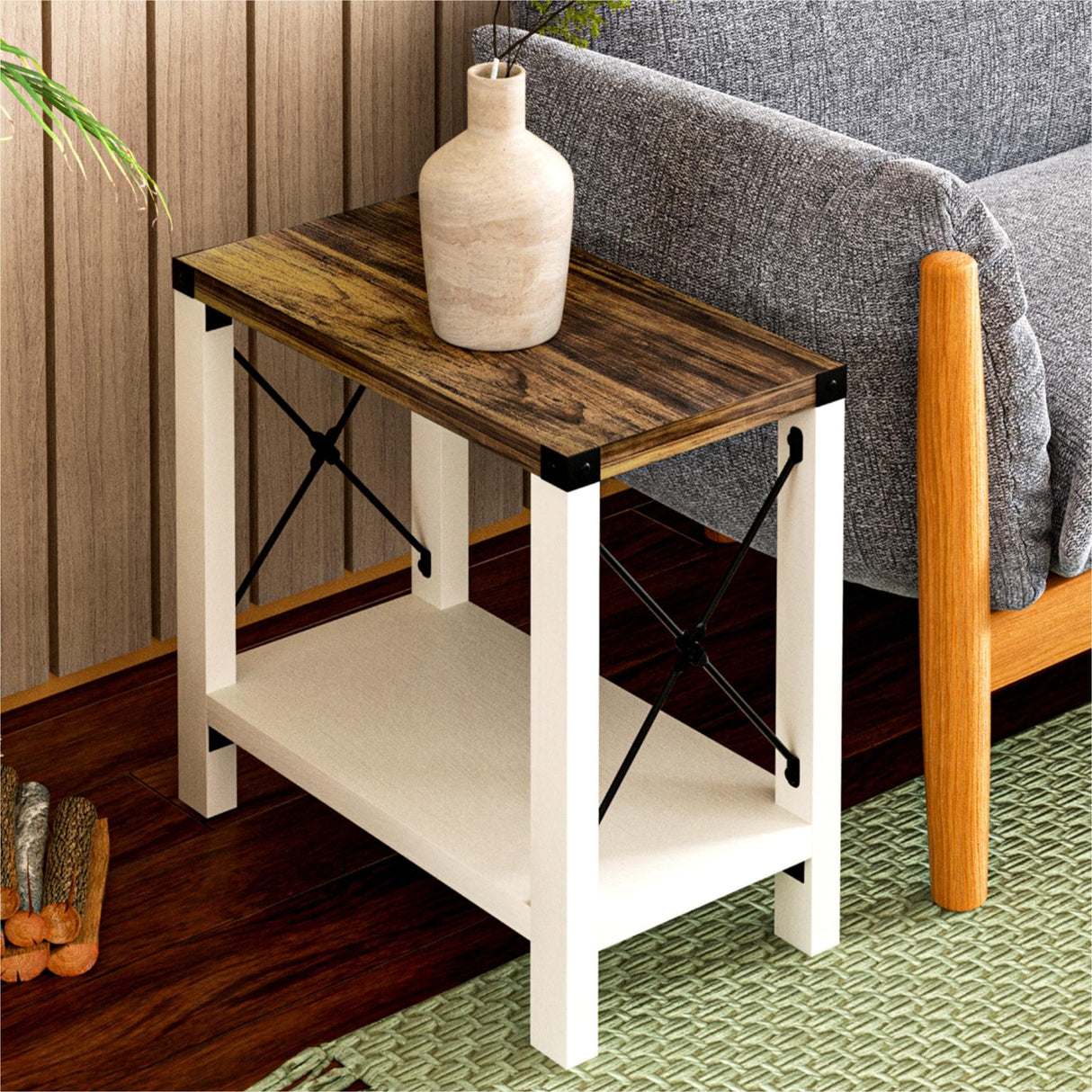 GAZHOME Farmhouse End Table for Small Spaces, Set of 2,Narrow Side End Table with Storage Shelf, Rustic X-Design Nightstand Sofa Table for Living Room, Bedroom White