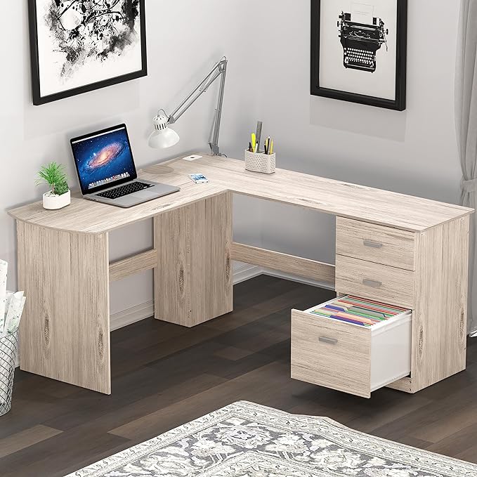 L-Shaped Home Office Wood Corner Desk with 3 Drawers, Oak