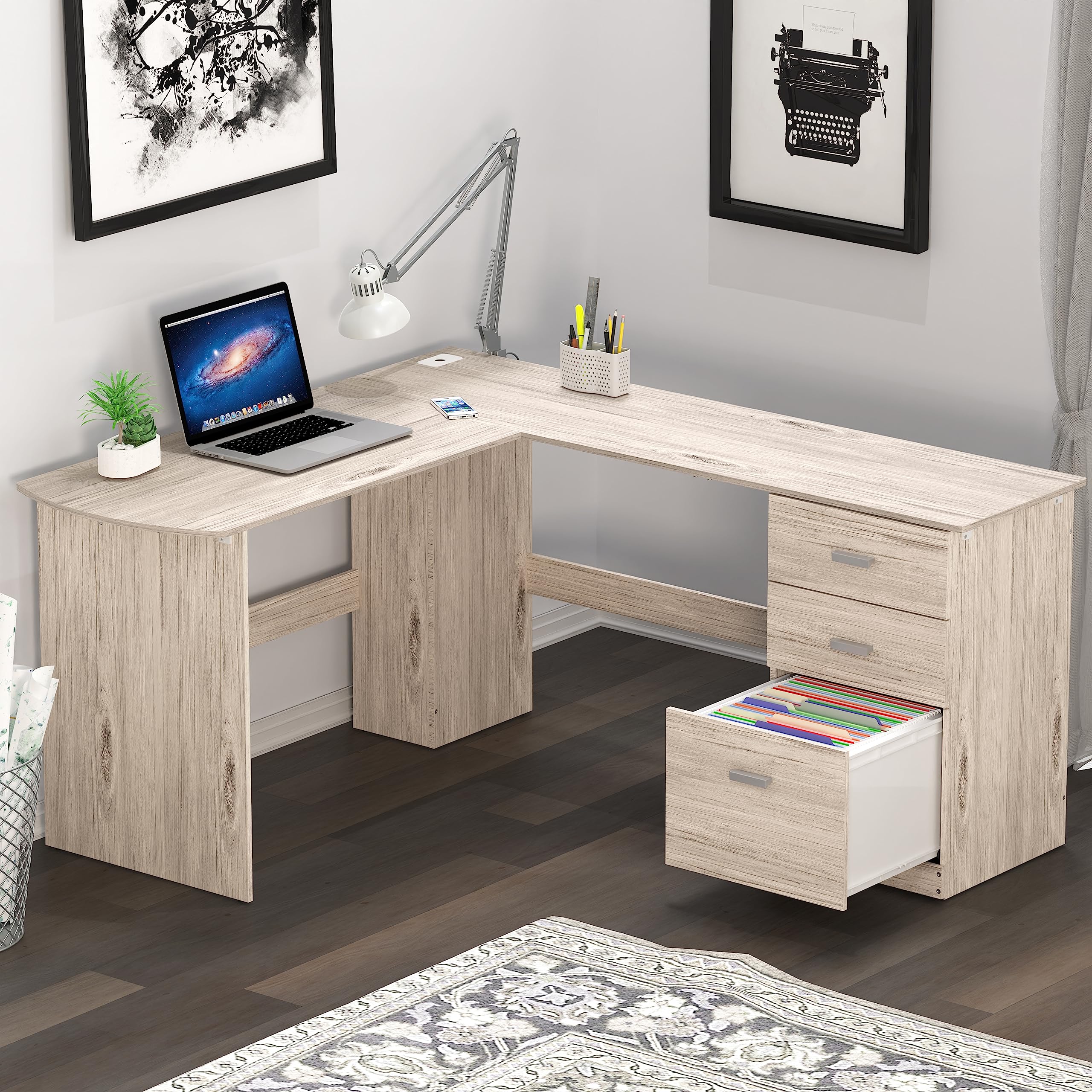 Shaped Home Office Wood Corner Desk with 3 Drawers, Maple