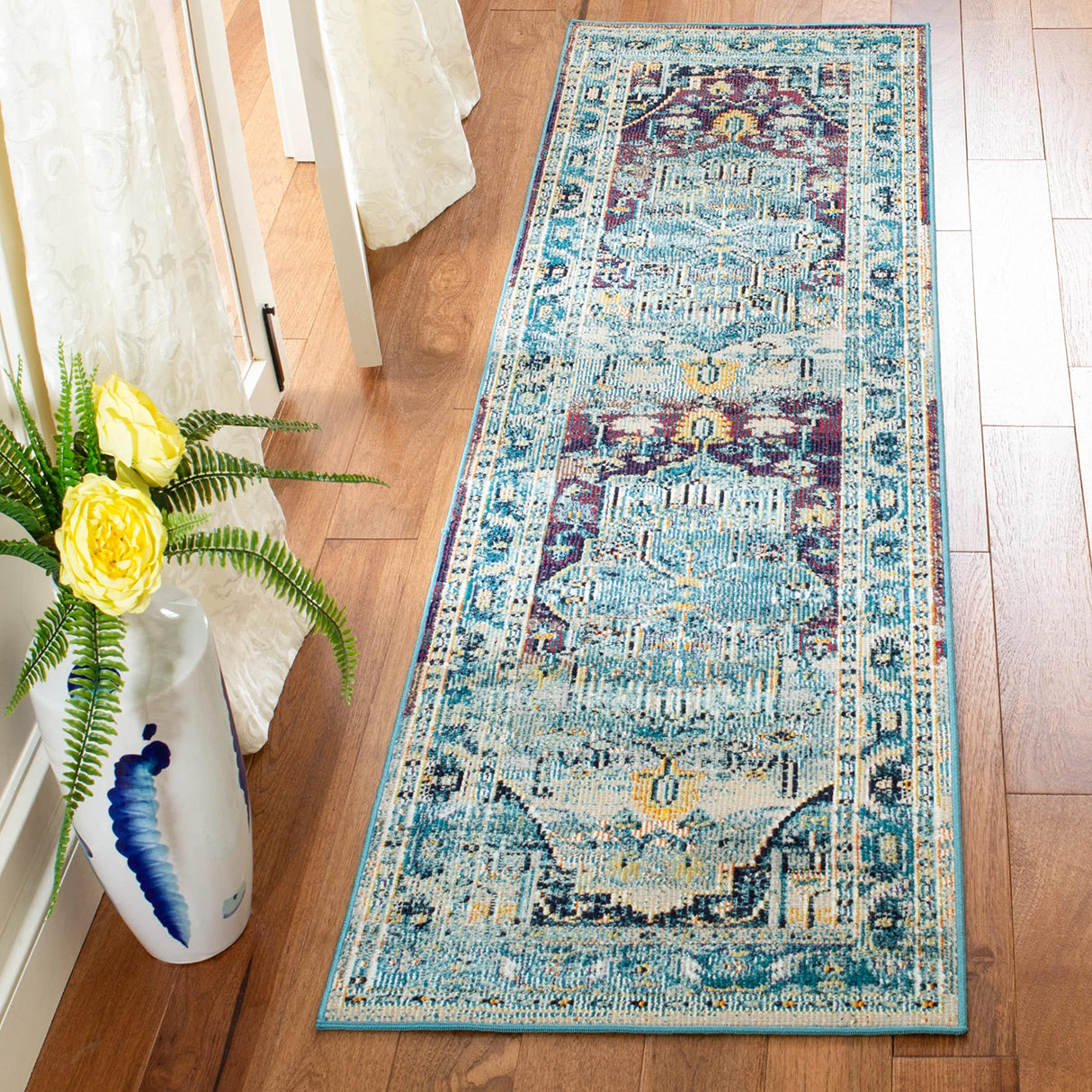 Crystal Collection Accent Rug - 2'2" x 5', Teal & Purple, Medallion Distressed Design,