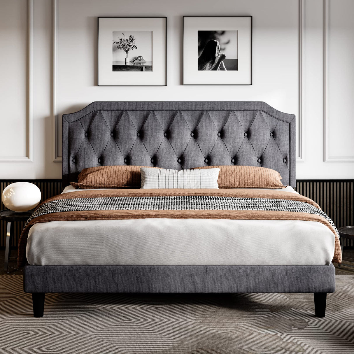 King Size Upholstered Platform Bed with Curved Rhombic Button Tufted Headboard