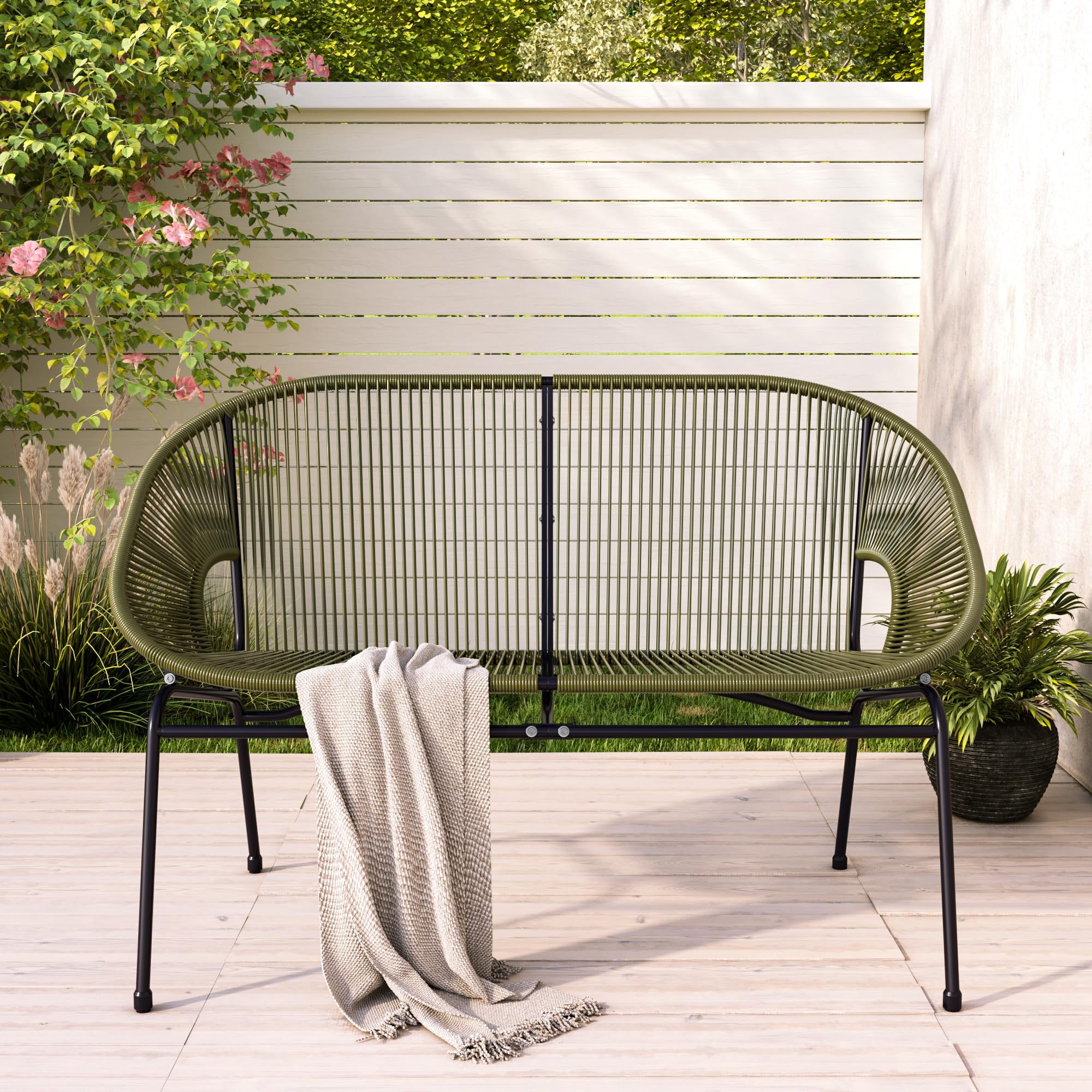 Dessa Patio Iron Frame and Wicker Loveseat, Outdoor 2-Seater Sofa
